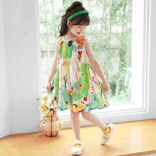 碎花女童连衣f裙夏季薄款凉快无袖绿色布沙滩儿童夏装公主裙子
