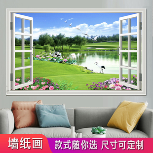 客厅山水画壁画装 饰画假窗户仿真墙画卧室房间风景墙贴纸风景画