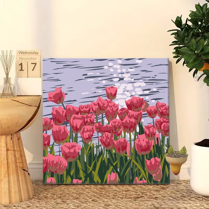 郁金香数字油画diy海上生花高级感花卉手绘填充绘画治愈系油彩画