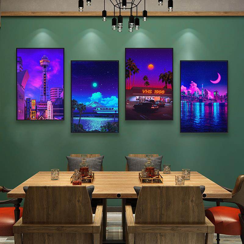 赛博朋克城市夜景装饰画LED霓虹灯酒吧挂画酒店电竞房发光墙壁画