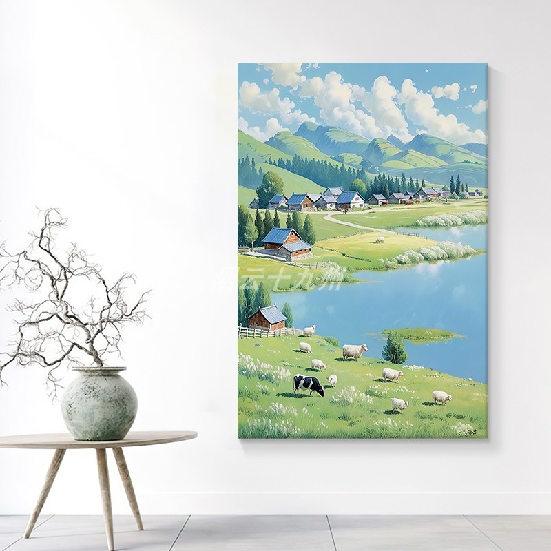治愈系风景手绘油画客厅小清新自然风光装饰画玄关牛羊群草原挂画图片