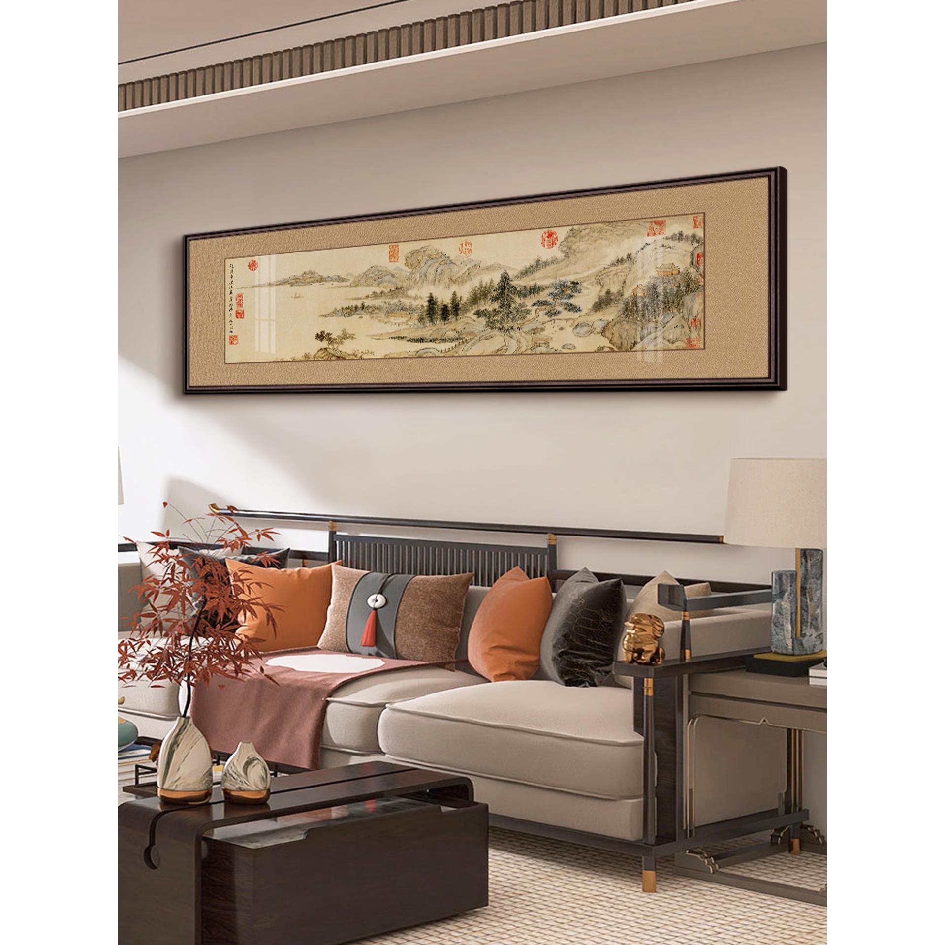 溪山真赏图高档客厅沙发背景装饰画新中式覆古茶室办公室山水挂画