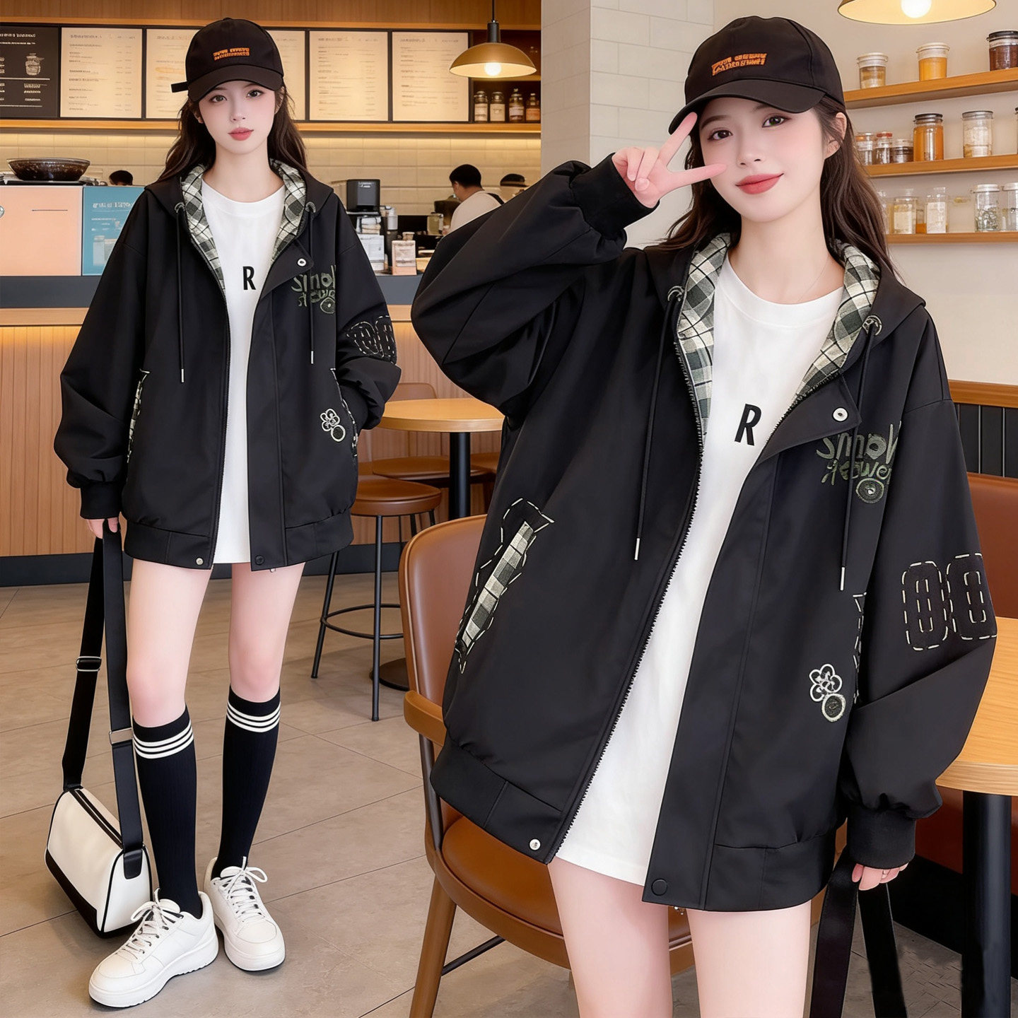 连帽棒球服女休闲连帽夹克外套