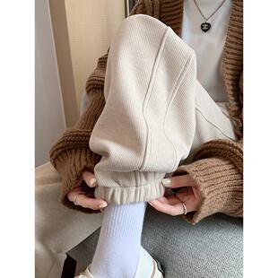 束脚运动裤女春秋宽松显瘦米色裤子高腰针织休闲裤秋冬加绒卫裤