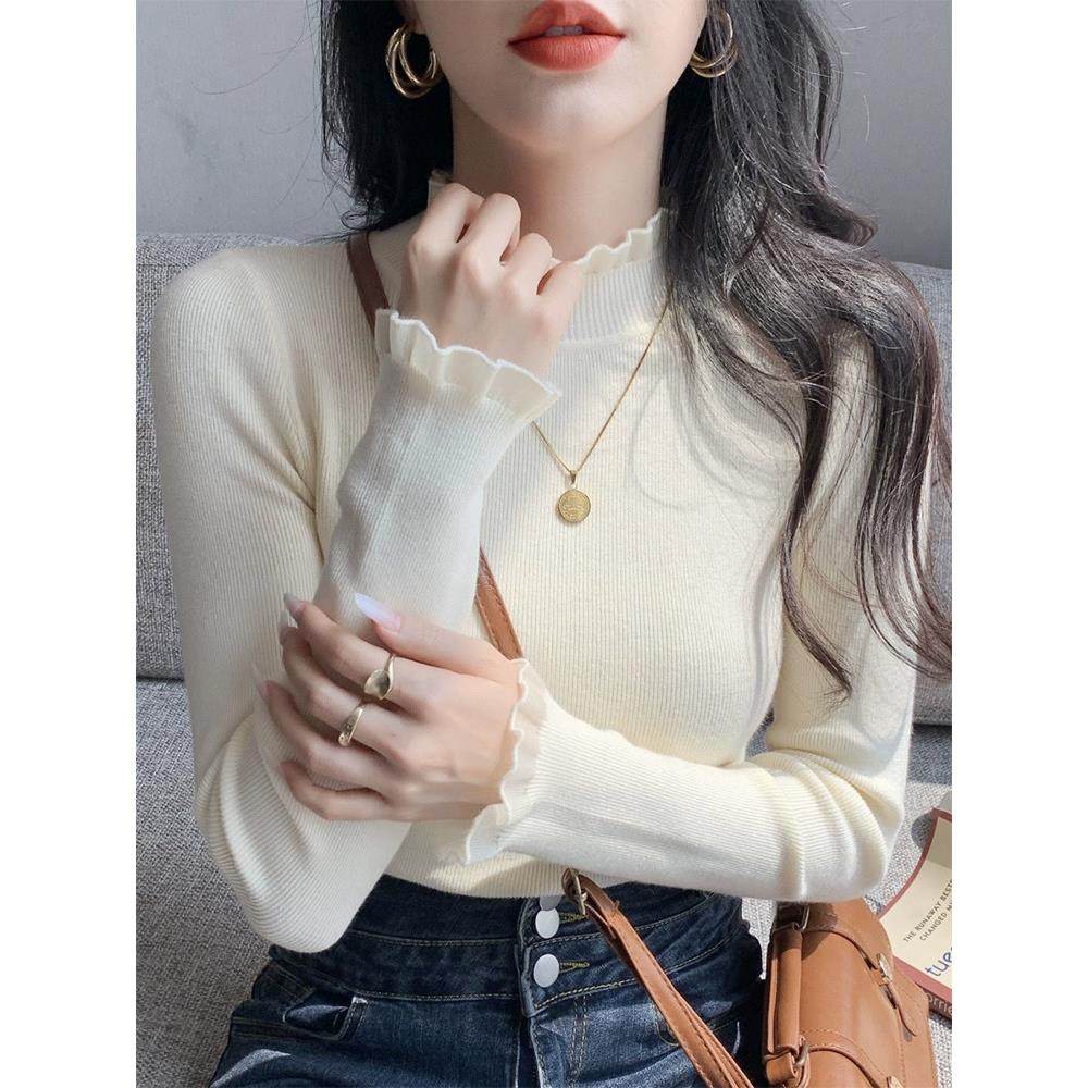 半高领针织衫女春秋修身软糯不起球毛衣洋气小香风蕾丝内搭打底衫,运动/瑜伽/健身/球迷用品,瑜伽t恤,淘宝优惠券,粉丝福利购,淘宝优惠卷