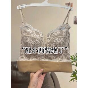 法式蕾丝加绒吊带背心女带胸垫一体绒磨毛打底衫西装内搭保暖背心