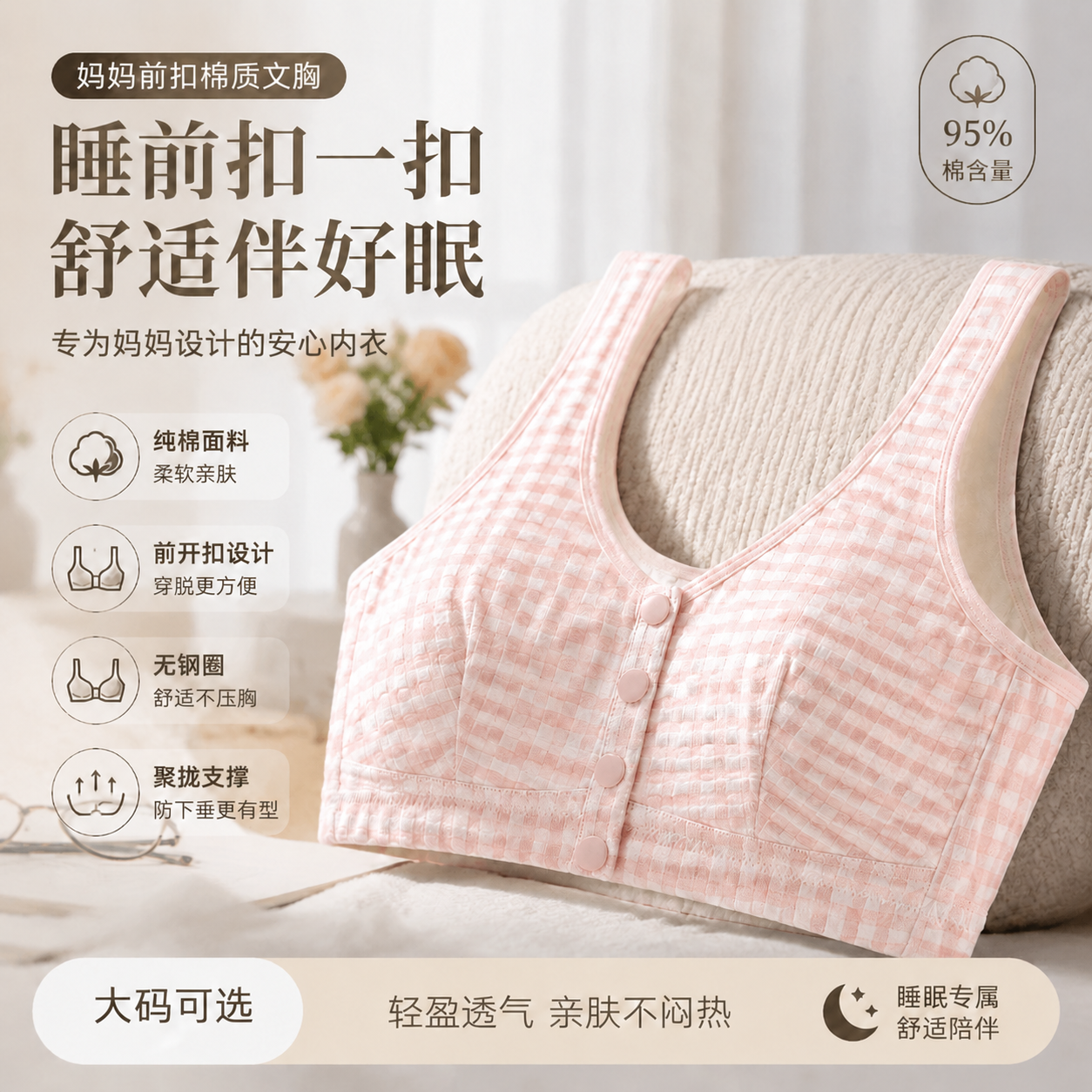妈妈睡眠前扣棉质内衣无钢圈文胸