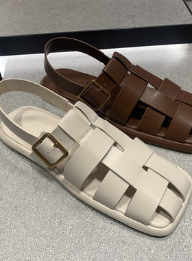 2024夏季新款白色编织镂空学院风平跟包头凉鞋方头复古罗马凉拖鞋