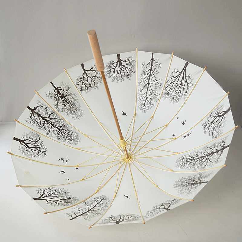 新款沛欣古风雨伞 三折叠16骨中国风树林复古竹杆抗风长柄伞