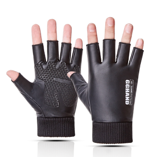 皮手套男女冬保暖手套加绒触屏防滑骑行开车学生PU半截漏二指手套