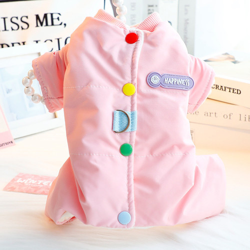 狗狗衣服秋冬装四脚厚款薄绒背开扣糖果彩色可牵引小型犬宠物泰迪