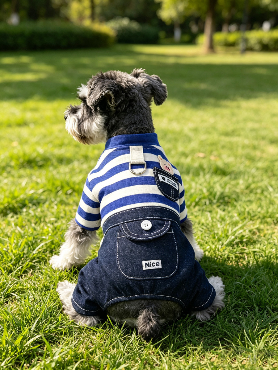 狗狗春秋款四脚衣小型犬宠物牛仔背带裤假两件可牵引外套比熊泰迪