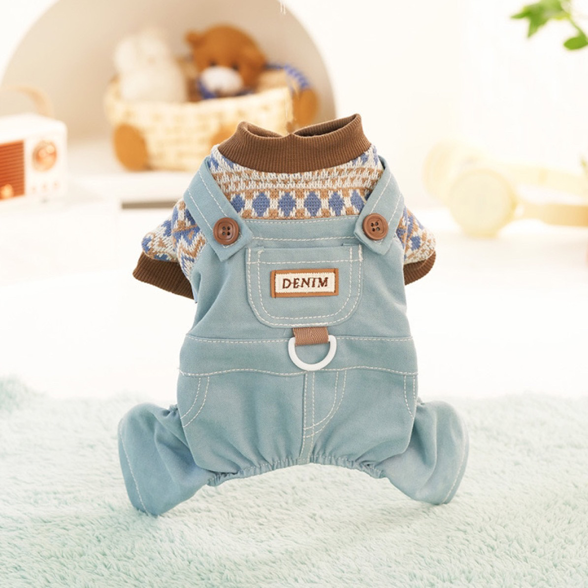 狗狗秋冬款四脚毛衣泰迪比熊贵宾小型犬宠物牛仔背带裤可牵引外套