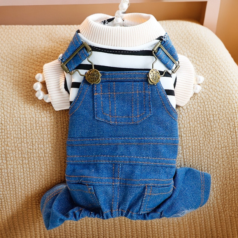 狗狗衣服秋冬装薄绒条纹假两件牛仔背带裤套装小型犬泰迪宠物比熊