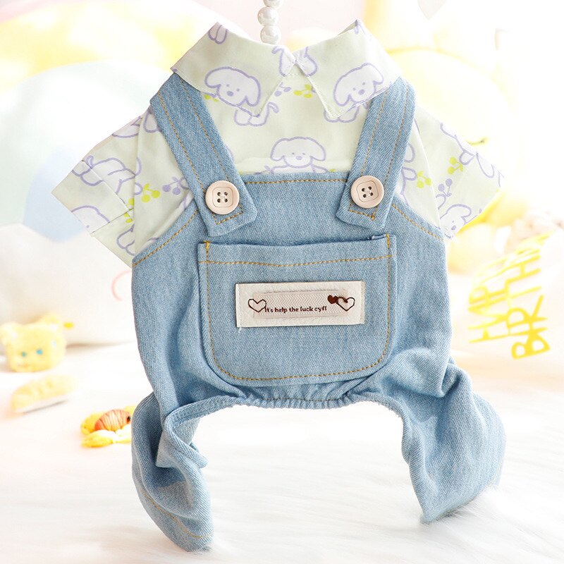 狗狗衣服春夏薄款可爱印花棉布牛仔背带裤套装小型犬泰迪宠物比熊