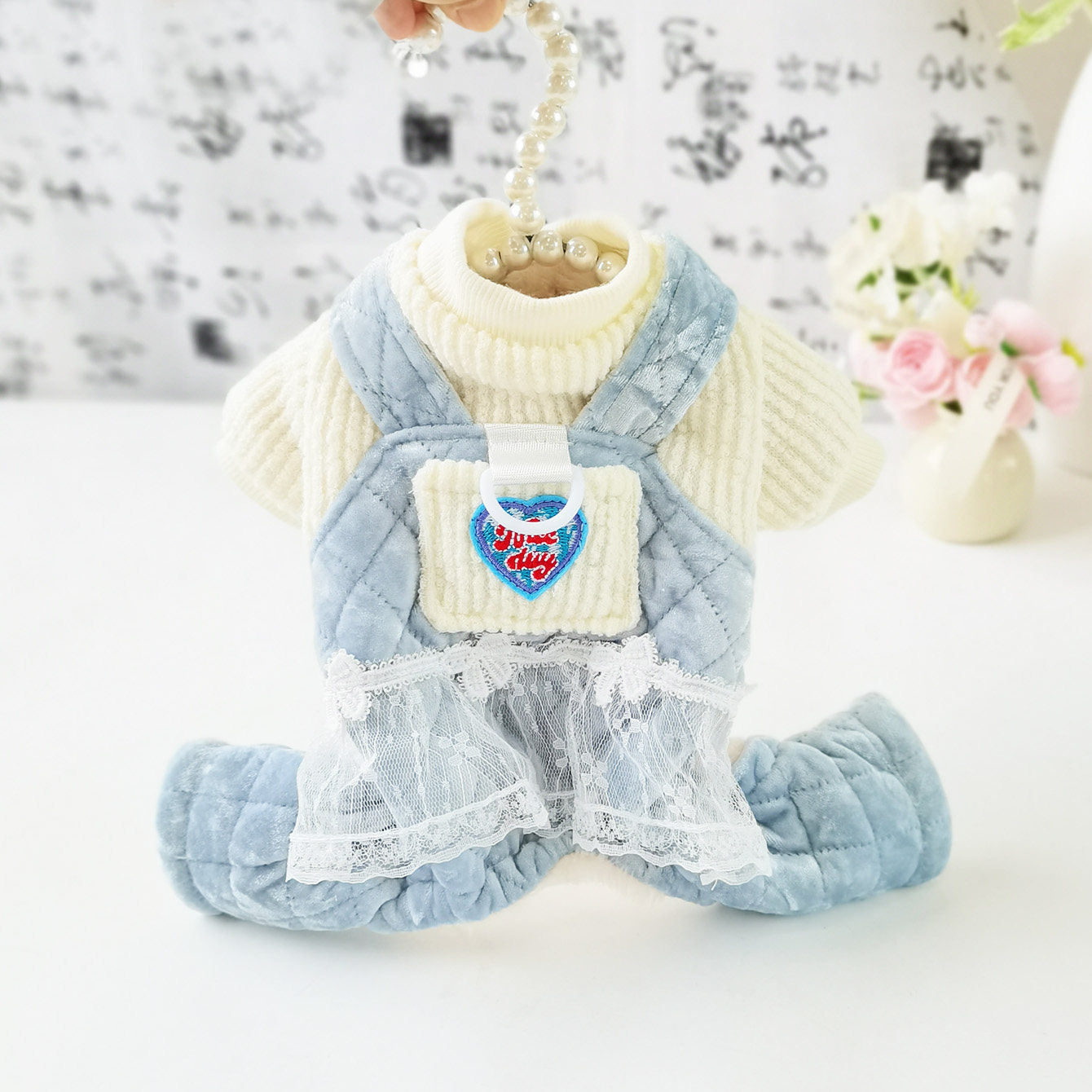狗狗衣服秋冬装厚款四腿背带裤假两件蕾丝棉衣小型犬宠物比熊泰迪
