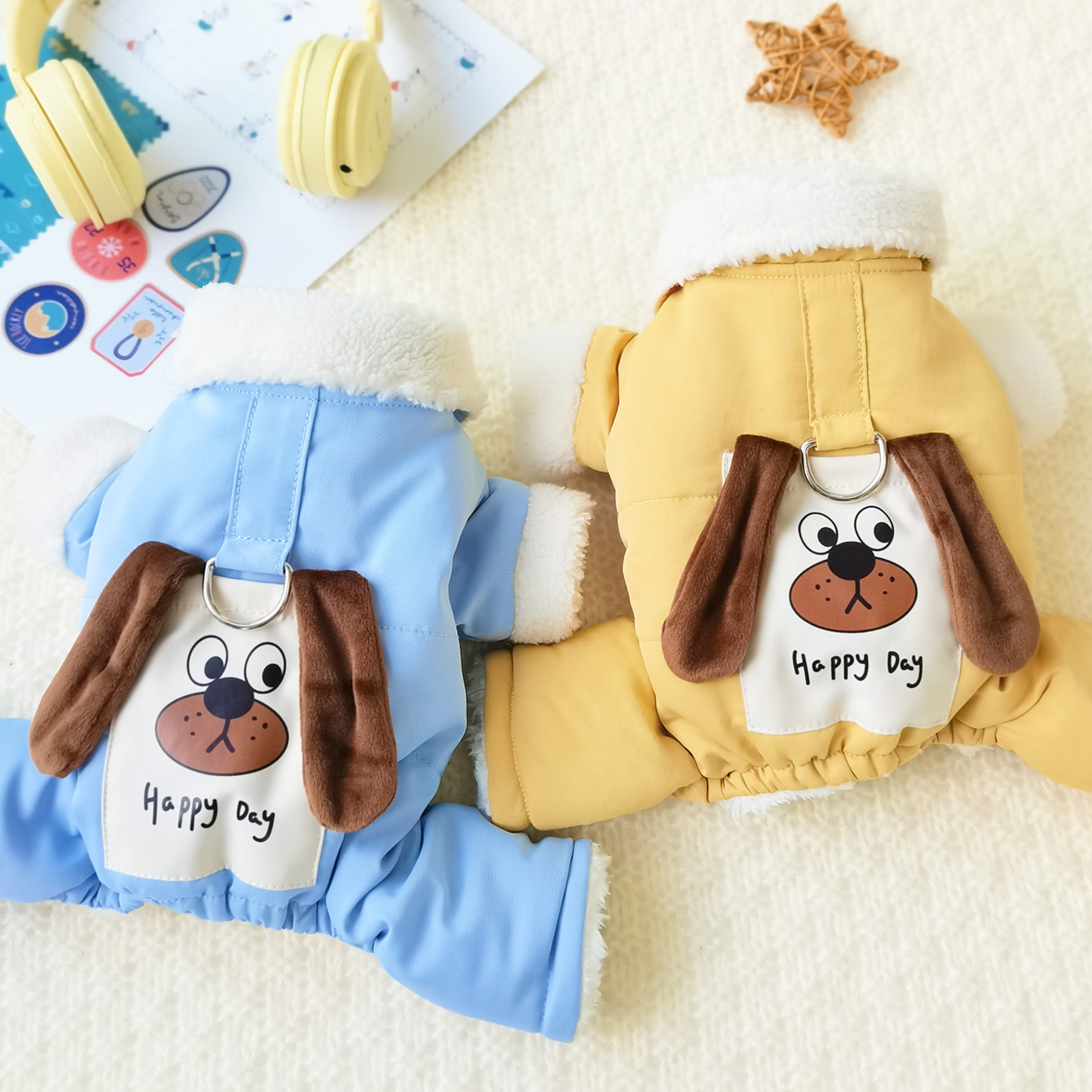 狗狗冬季加厚口袋棉衣四脚套装可爱超萌宠物衣服可牵引口防风泰迪