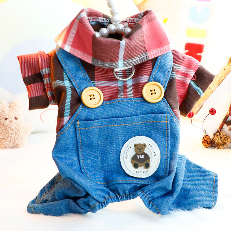 狗狗衣服春秋装童趣牛仔背带裤四脚套装可牵引小型犬泰迪宠物比熊