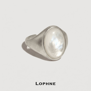 LOPHNE 经典椭圆贝母中古戒指 纯银复古气质简约高级感开口可调节