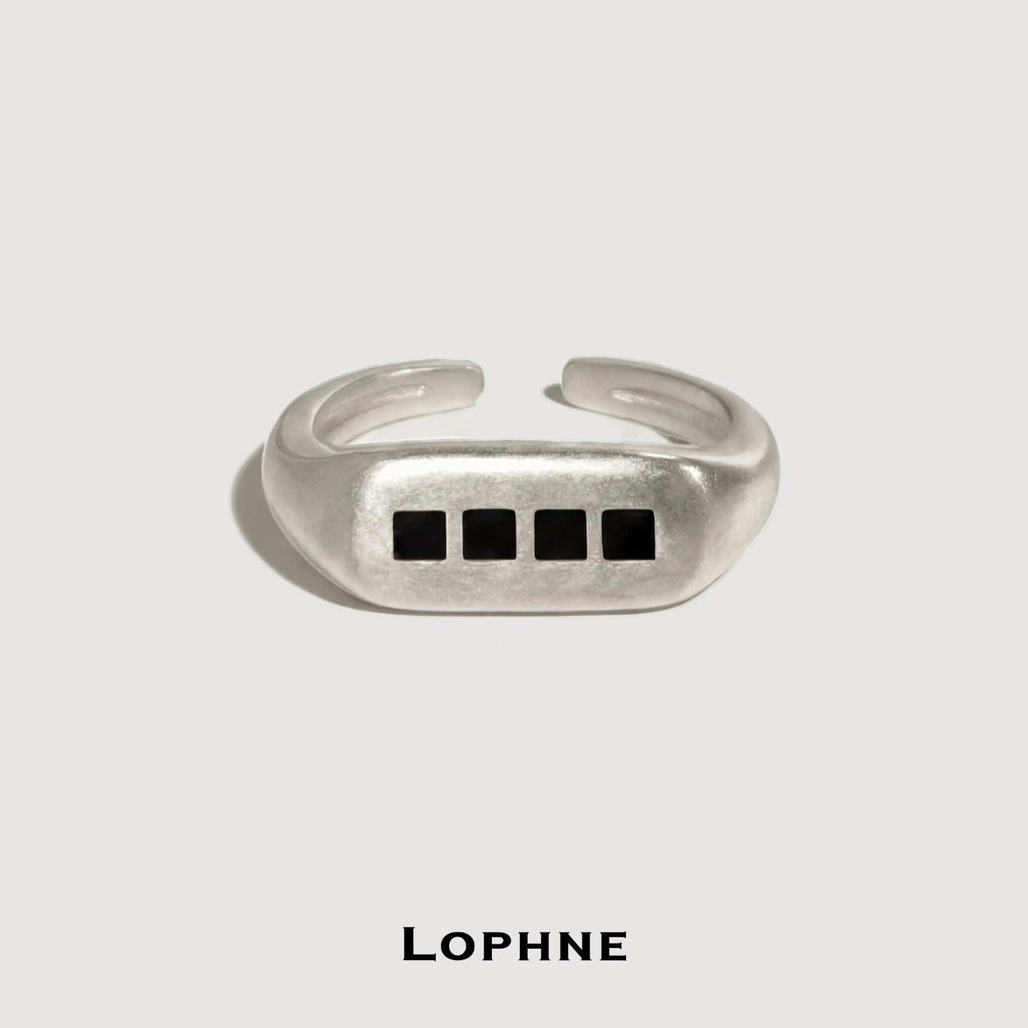 LOPHNE 纯银黑色四方形戒指 复古哑光小众设计高级感开口可调节
