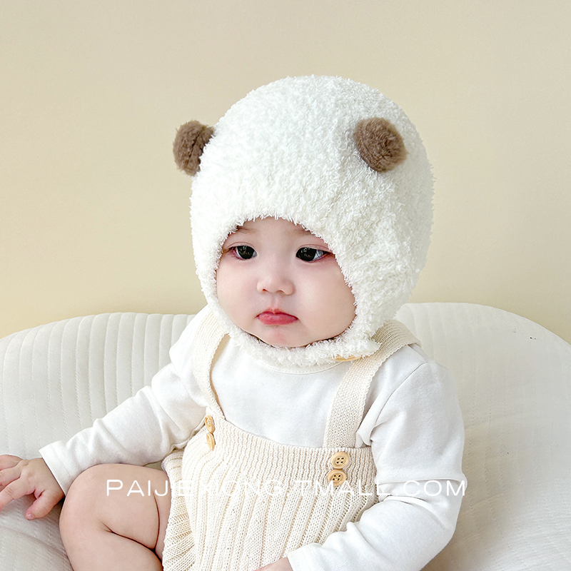 婴儿帽子秋冬季小月龄可爱超萌保暖男女宝宝护耳毛绒套头帽纯色潮