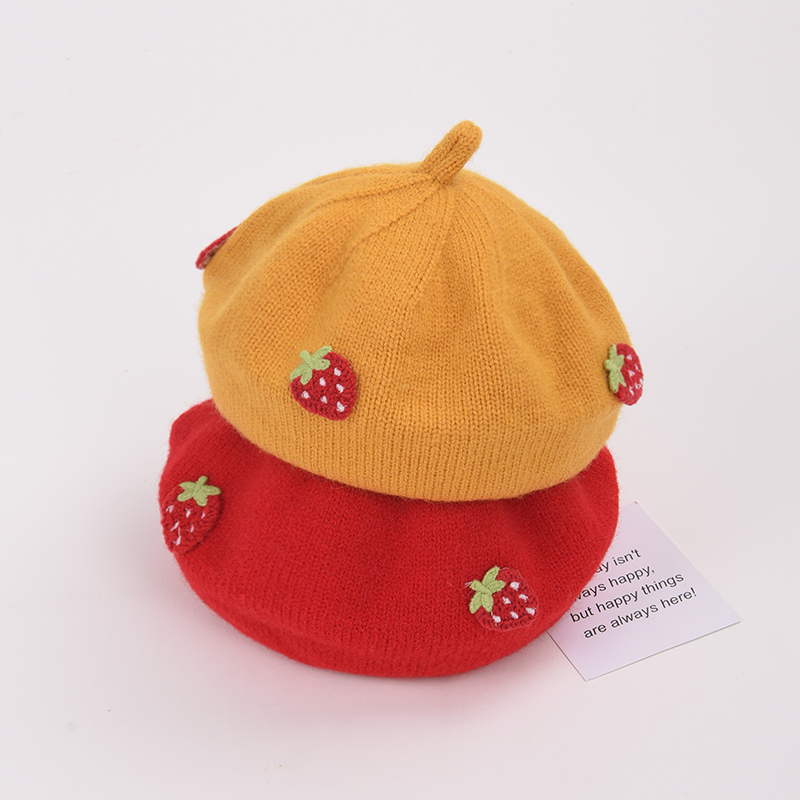 宝宝贝雷帽秋冬季可爱草莓针织画家帽冬季宝宝帽子洋气女童蓓蕾帽