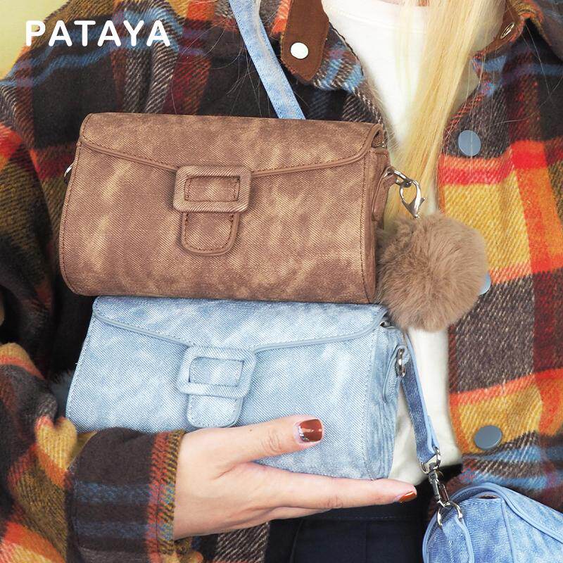 pataya2025新款开春百搭时尚轻便圆筒包剑桥牛仔包油蜡斜挎包女包