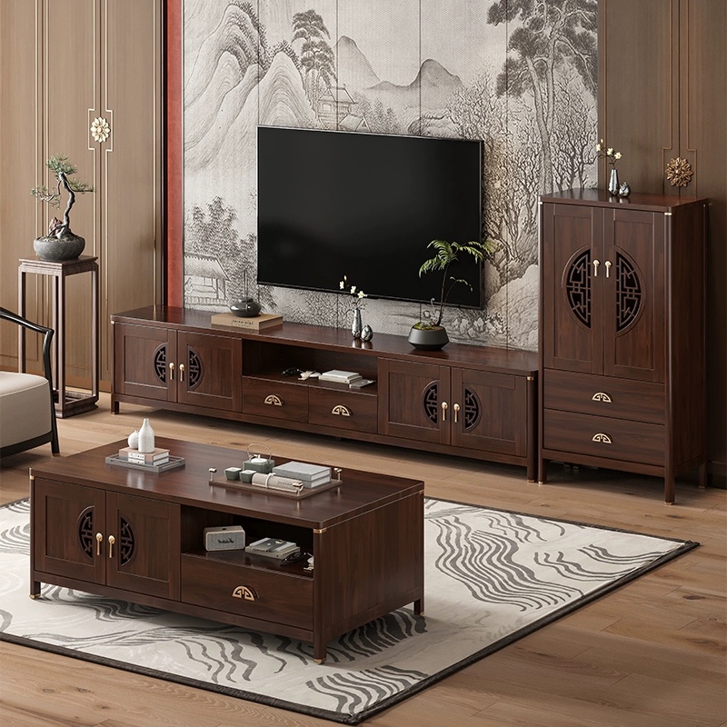妞佳新中式实木电视柜茶几组合套装客厅落地式储物柜小户型