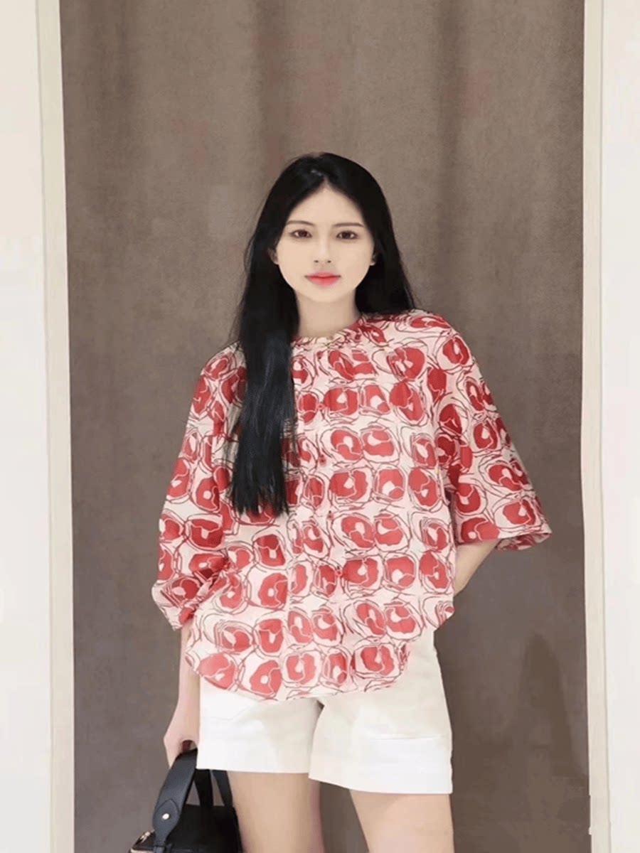 之fabricgrace禾轻奢女装 2024春夏新款棉丝混纺印花长袖衬衫上衣