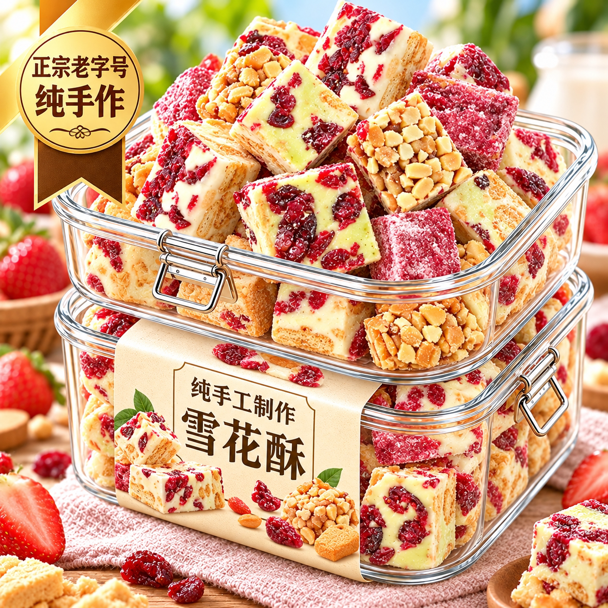 纯手工制作雪花酥饼干巧克力原材料草莓羊奶芙沙琪玛糕点零食小吃图片