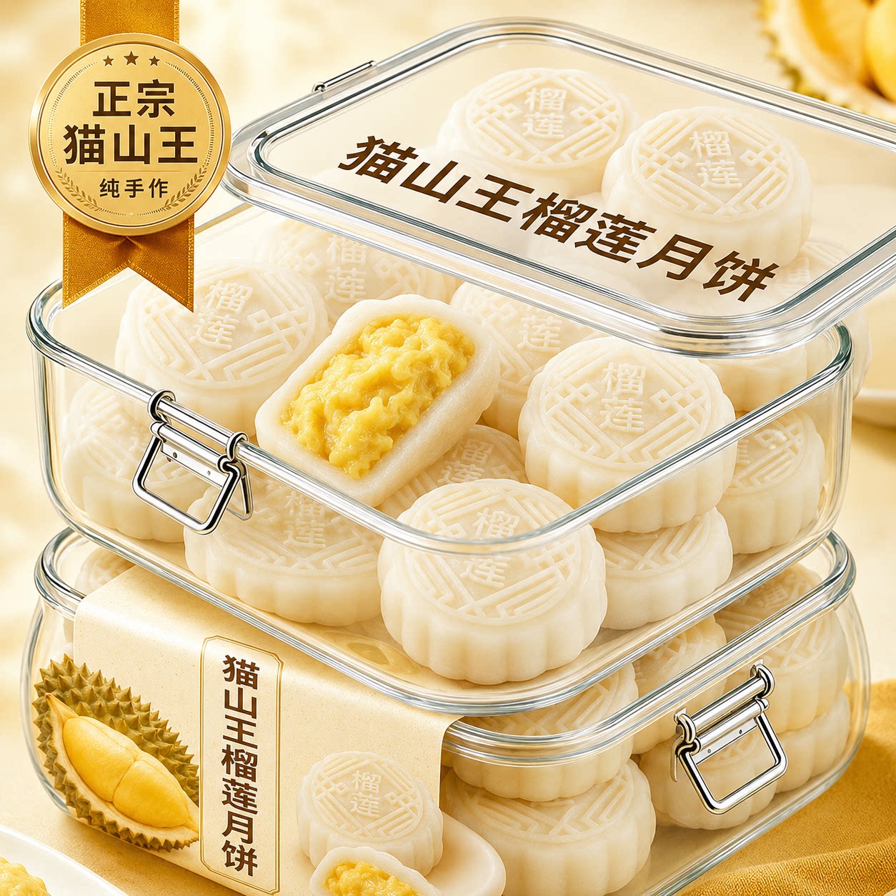 正宗猫山王榴莲冰皮月饼官方旗舰店广式流心月饼中秋节高端礼盒装