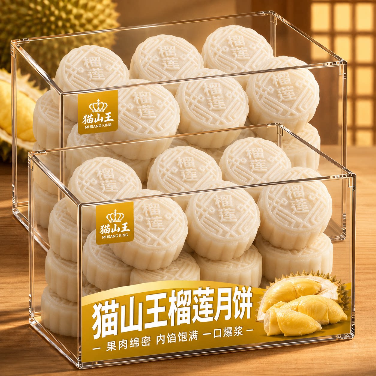 正宗猫山王榴莲冰皮月饼官方旗舰店广式流心月饼中秋节高端礼盒装