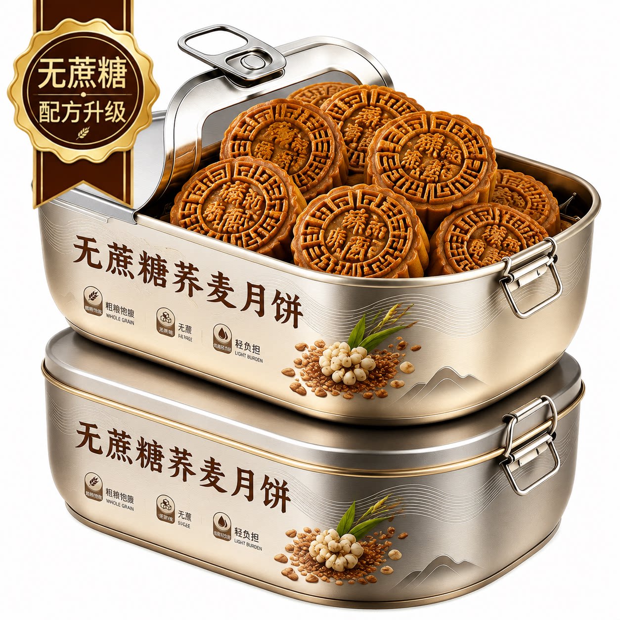 荞麦月饼无蔗糖多味黑芝麻五仁月饼无蔗糖中秋老式粗粮木糖醇礼盒
