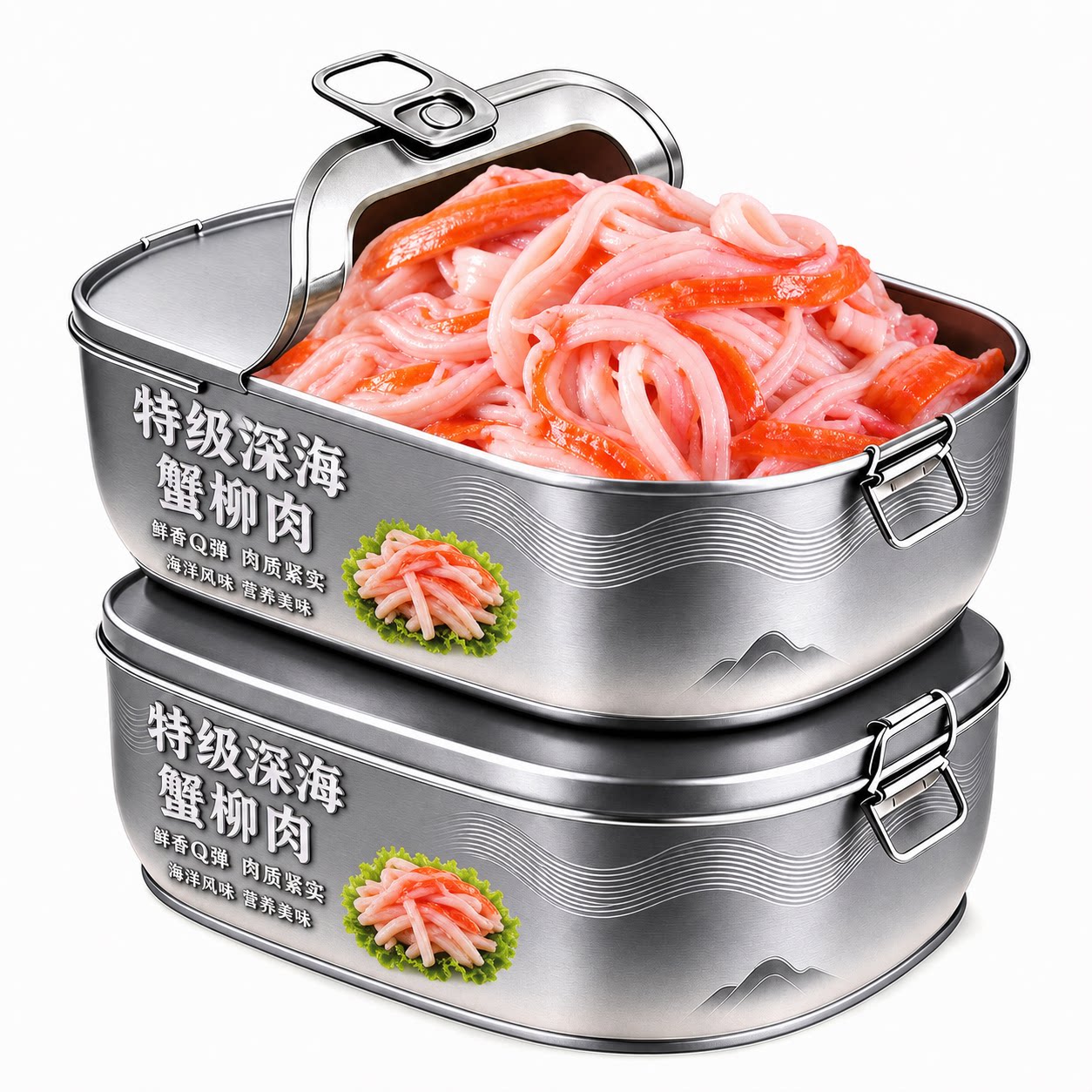 蟹柳肉罐头开盖即食俄罗斯风味鲜剥帝王蟹肉官方旗舰店海味罐头图片