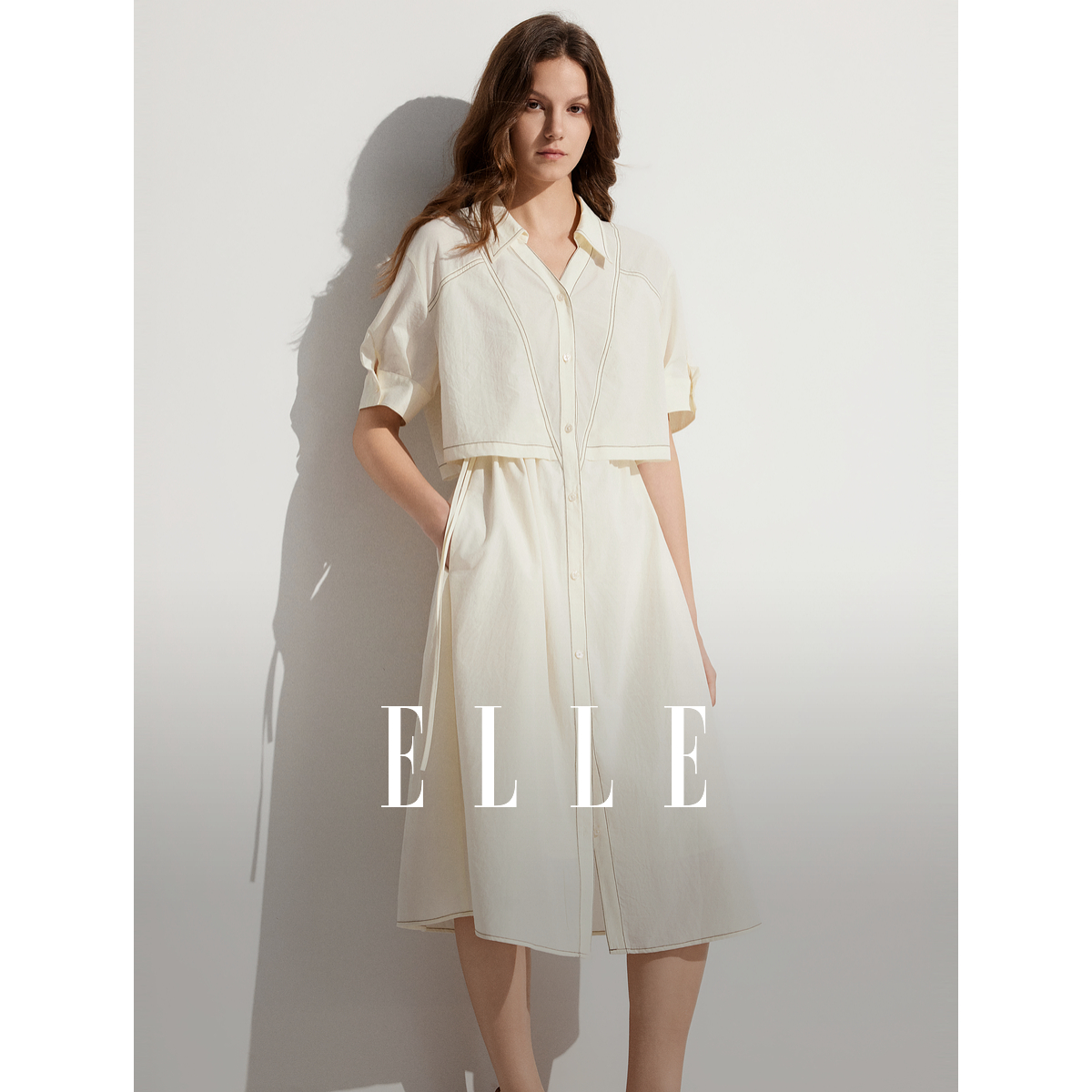 ELLE法式线条感假两件衬衫式连衣裙女2025夏季新款中长款气质裙子