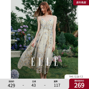 ELLE复古印花度假风吊带连衣裙女2025夏季 时髦优雅波嬉a字裙 新款
