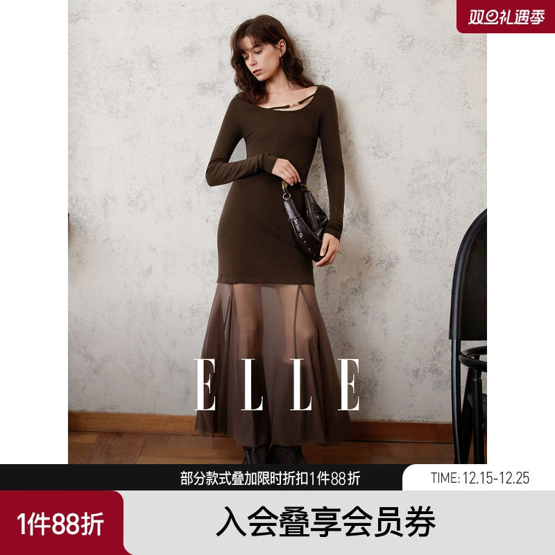 ELLE法式复古网纱拼接连衣裙女2025秋季新款绵羊毛优雅显瘦长