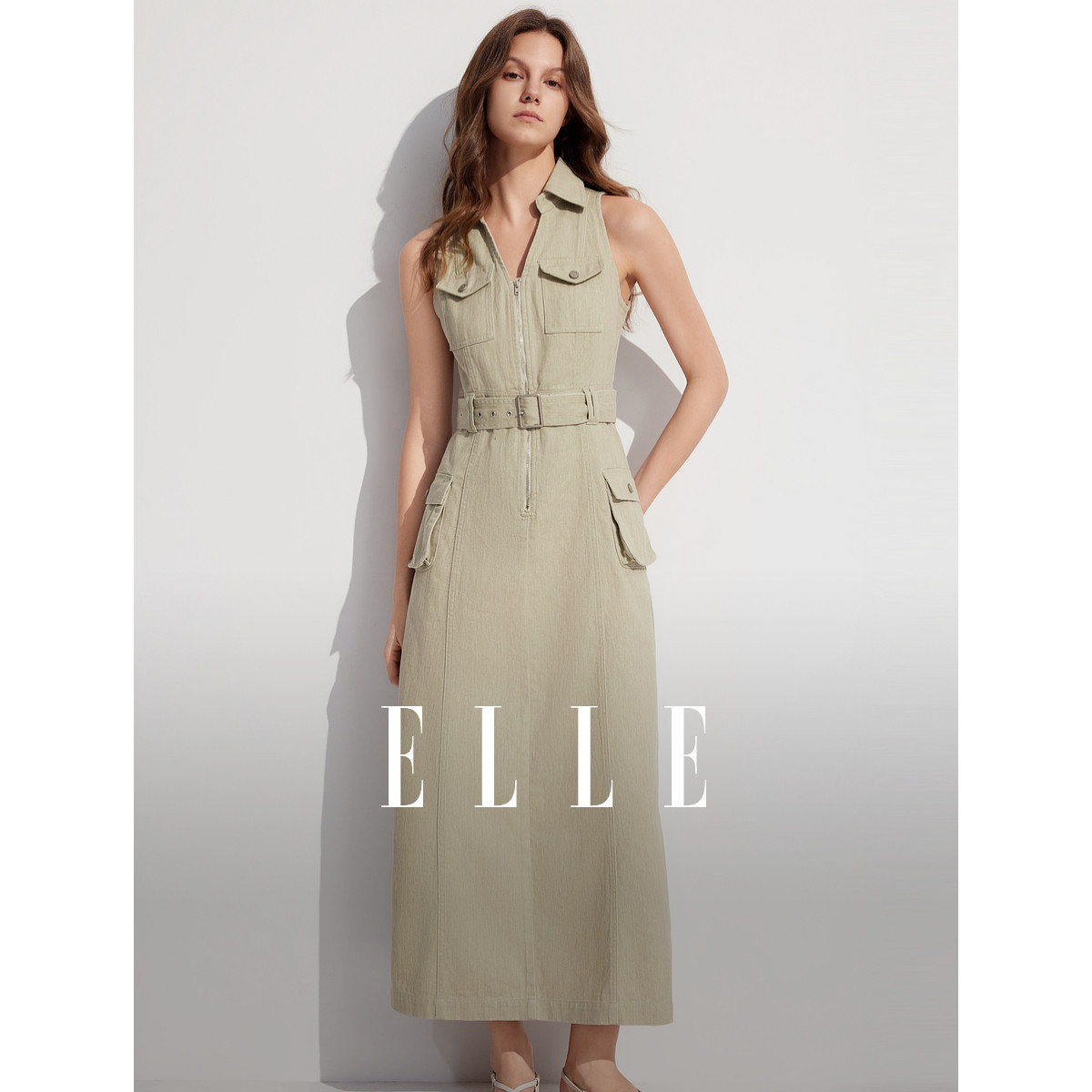 ELLE法式设计感工装风牛仔连衣裙女2025夏季新款复古无袖纯棉