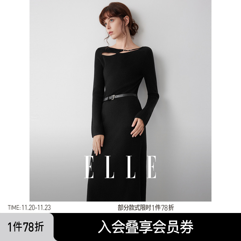 ELLE黑色不规则一字领针织连衣裙