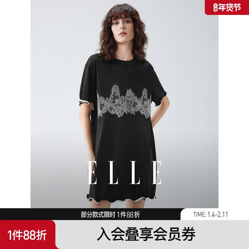 ELLE法式木耳边蕾丝休闲连衣裙女2025秋新款设计感圆领宽松T
