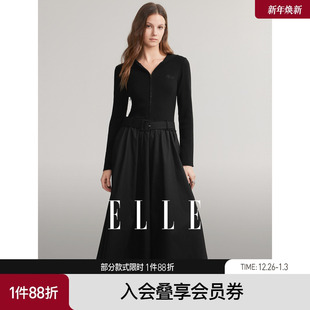 裙子 高级感连帽长袖 ELLE黑色拼接大裙摆针织连衣裙女2025秋季 新款