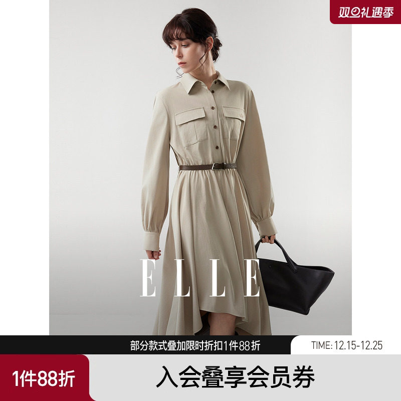 ELLE法式工装风衬衫式连衣裙女2025冬季新款设计感休闲收腰长