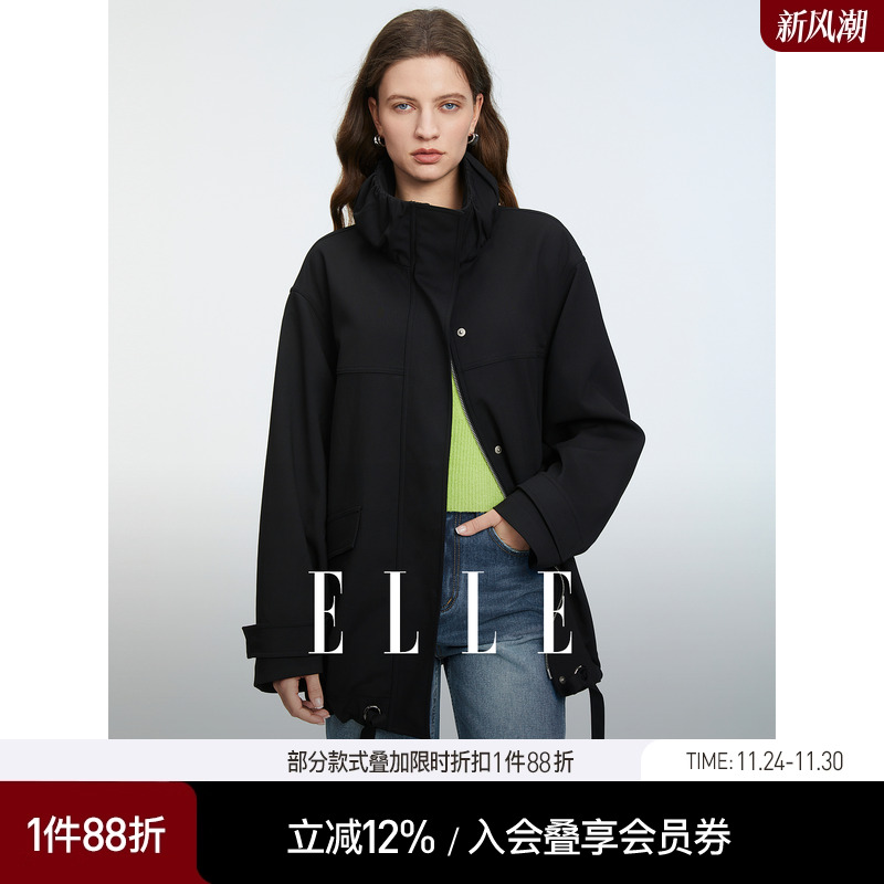ELLE黑色抽褶立领宽松外套