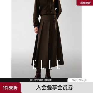 优雅时髦a字裙 设计感围裹式 ELLE法式 撞色百褶半身裙女2025冬新款