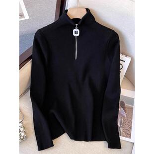 黑色半高领拉炼毛衣打底衫女春秋宽松显瘦洋气内搭长袖针织衫上衣
