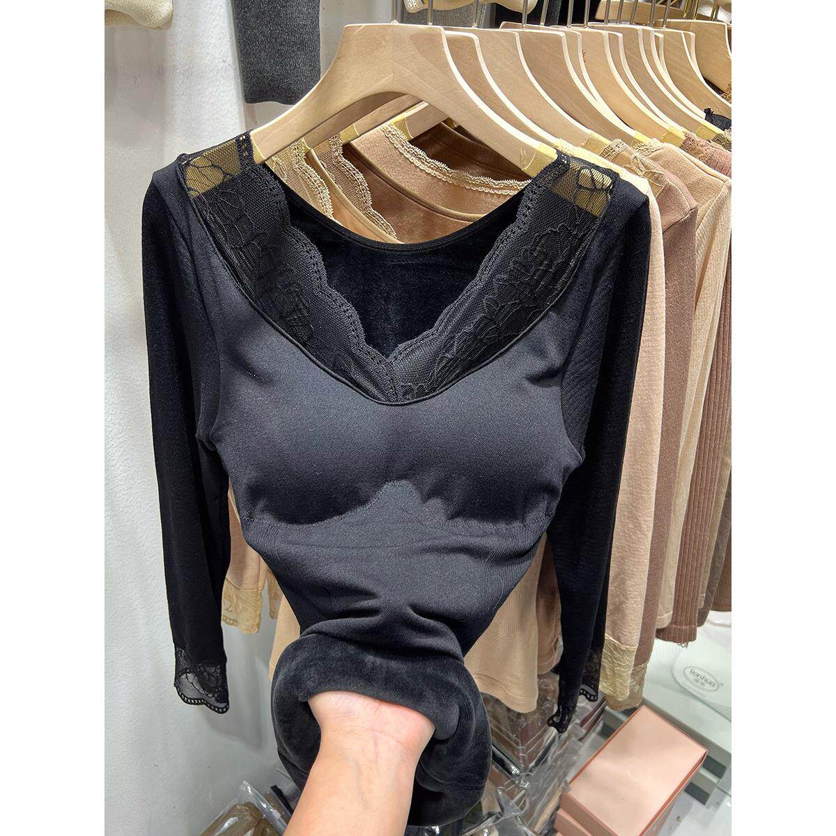 加绒加厚保暖内衣女带胸垫蕾丝V领一体绒打底衫棉毛衫低领秋衣