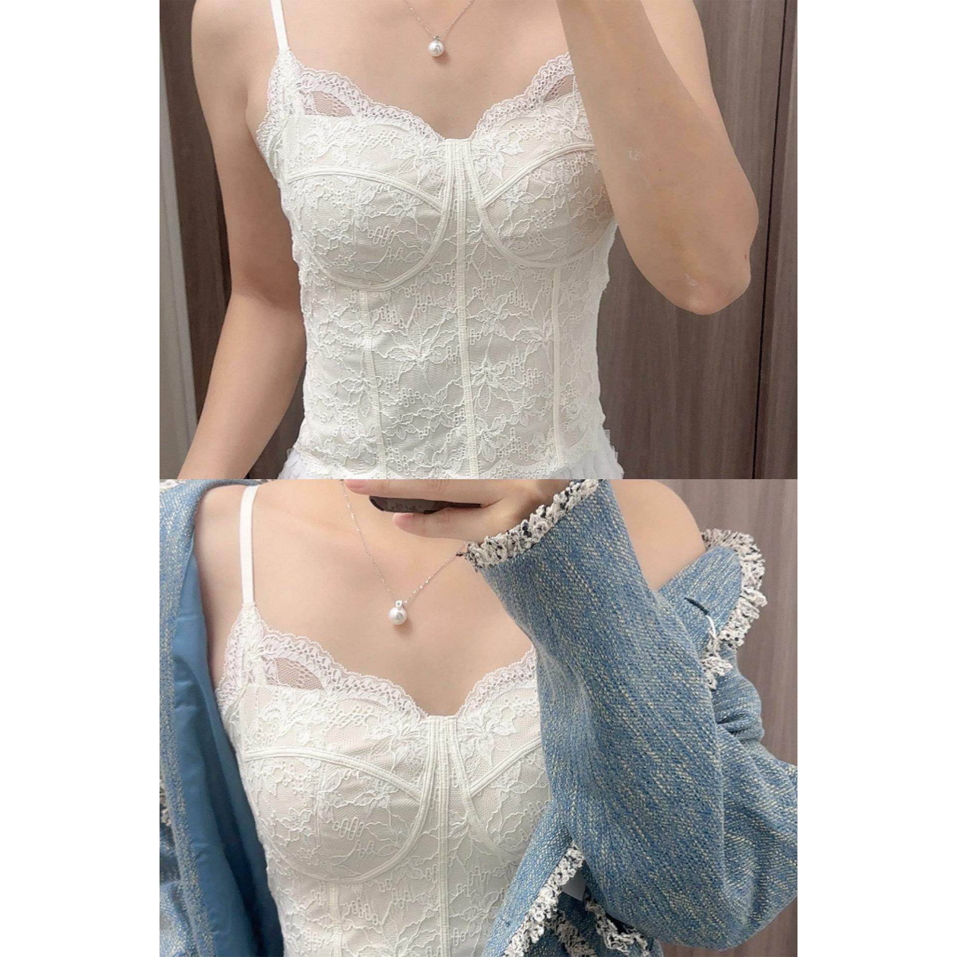 白色蕾丝加绒保暖背心女秋冬带胸垫低胸鱼骨胸衣皮草内搭加绒吊带