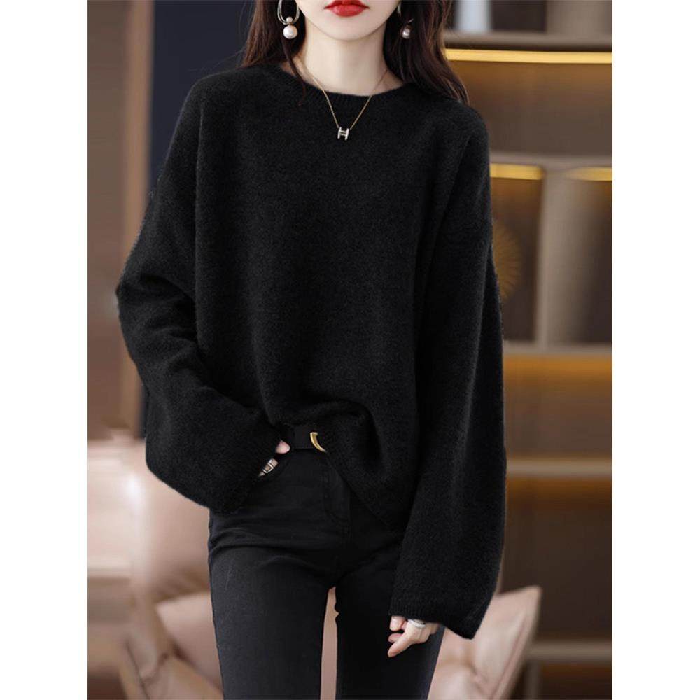中长款黑色毛衣女秋冬高级感超好看宽松慵懒风落肩打底针织衫上衣