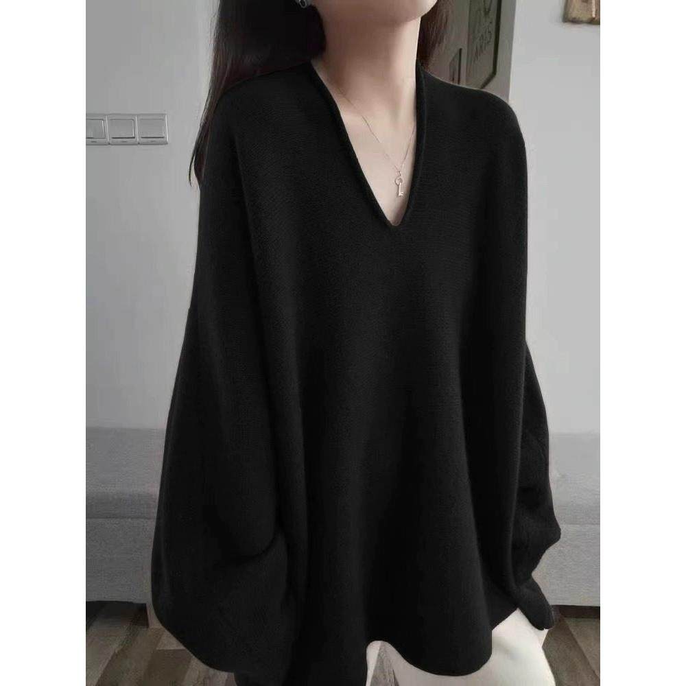 黑色中长款v领毛衣女秋冬新款时髦宽松慵懒风显瘦套头长袖针织衫