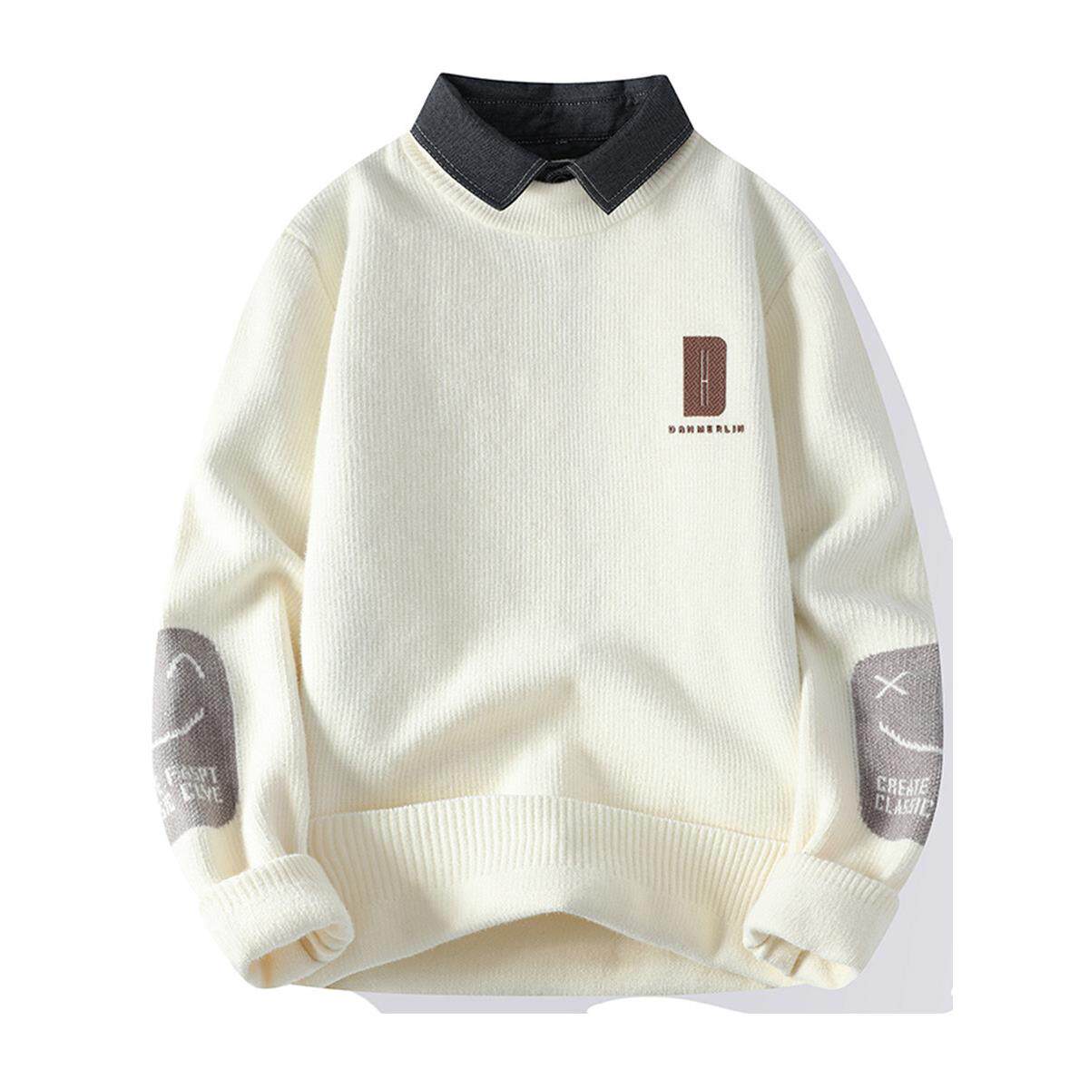 恒源祥衬衫领毛衣男秋冬加绒加厚假两件针织衫痞帅风内搭羊毛衫